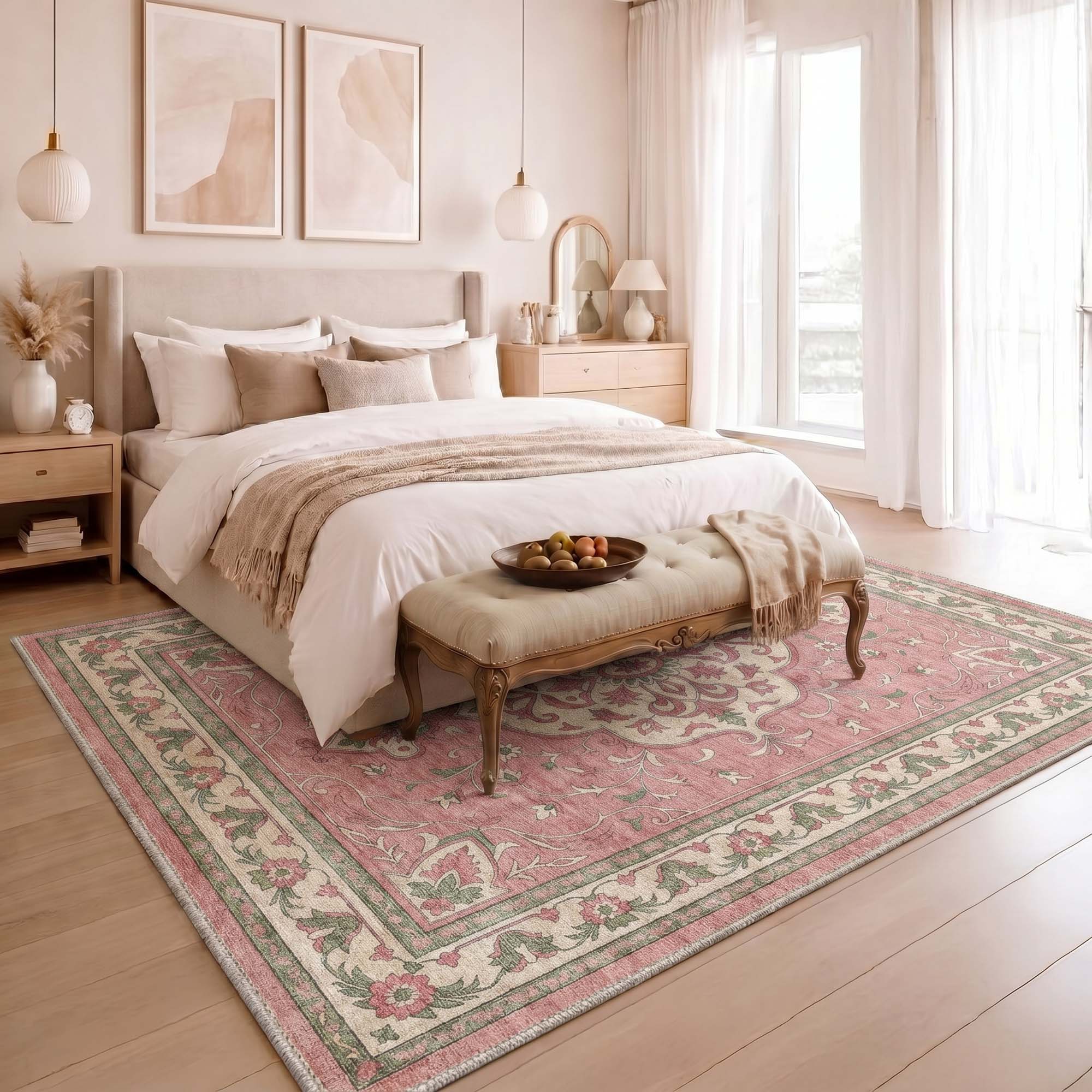 Darius Vintage Persian Pink & Green Rug - Washable & Non-Slip | GENIMO