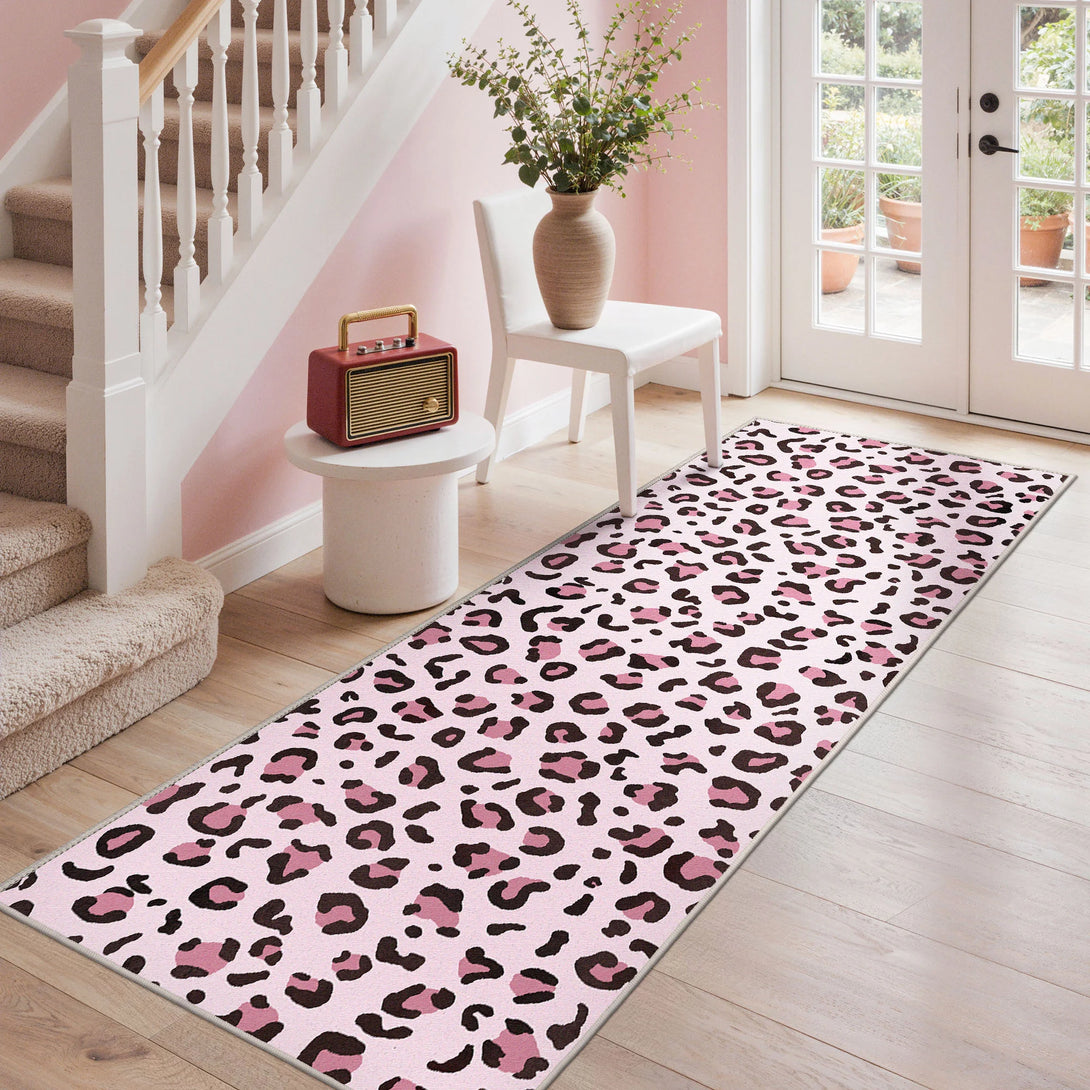 Colored Animal Print Rug Savine Modern Leopard Print Washable Rug in Pink | GENIMO