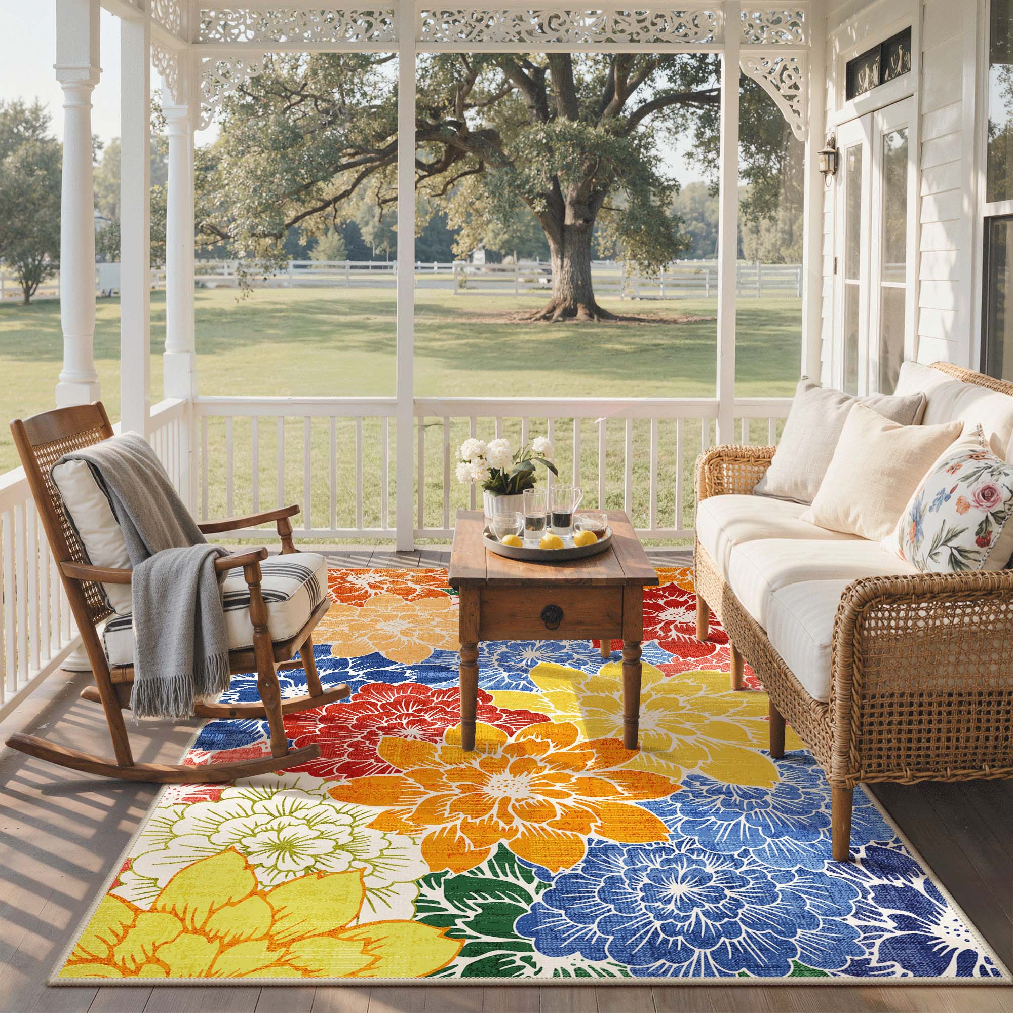 Coralla Waterproof Washable Blooming Floral Outdoor Light Blue Rug | GENIMO
