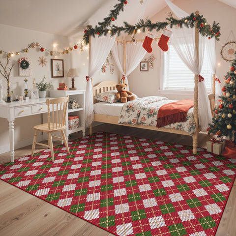 Althea Christmas Checkered Washable Belgian Velvet Rug