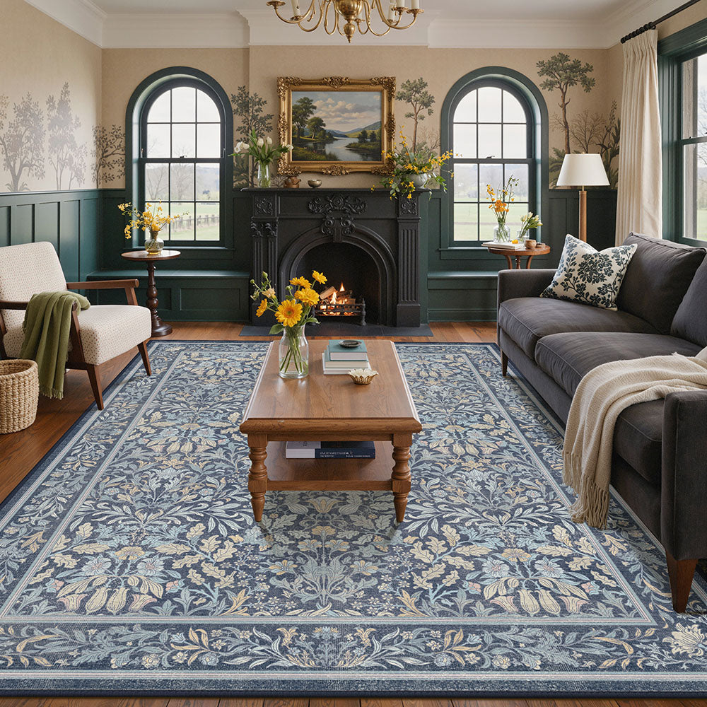 Runa Washable Vintage Floral Print Blue Rugs – GENIMO