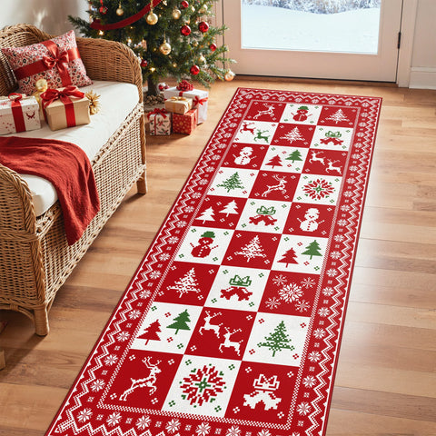 Evral Christmas Washable Wreath Tree Plaid Red Belgian Velvet Rug