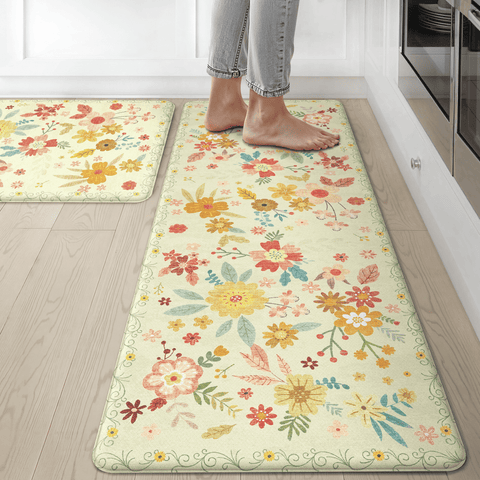 GENIMO 2Pcs Anti Fatigue Padded Kitchen Mats for Floor Floral Printed Washable Runner Rugs
