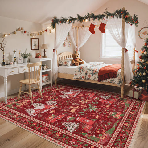 Mirrel Christmas Washable Red Rug with Winter Snow House