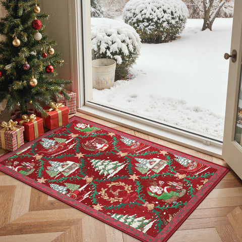 Aurora Christmas Washable Santa Sleigh and Reindeer Belgian Velvet Rug