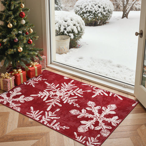 Elaria Christmas Washable Snowflake Red Belgian Velvet Rug