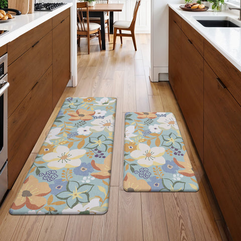 GENIMO 2Pcs Anti Fatigue Padded Kitchen Floor Mat Floral Washable Runner Rug for Sink