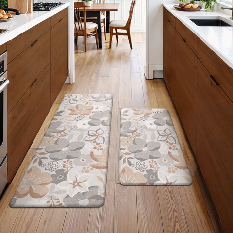 GENIMO 2Pcs Anti Fatigue Padded Kitchen Floor Mat Floral Washable Runner Rug for Sink