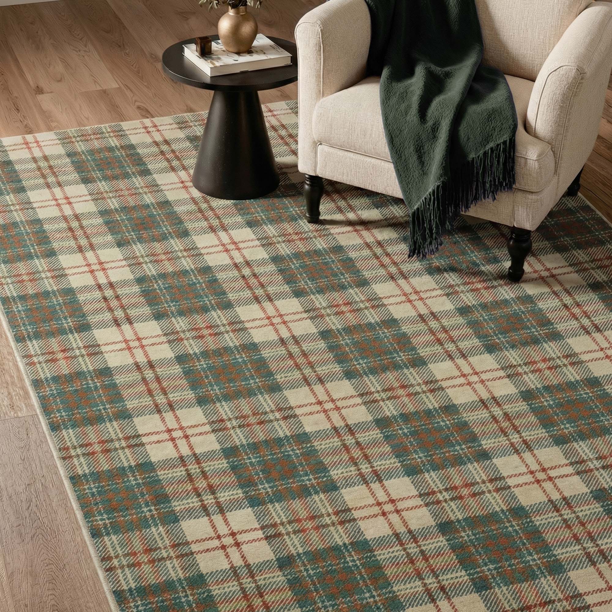 Valence Classic Checkered Plaid Washable Rug in Brown | GENIMO