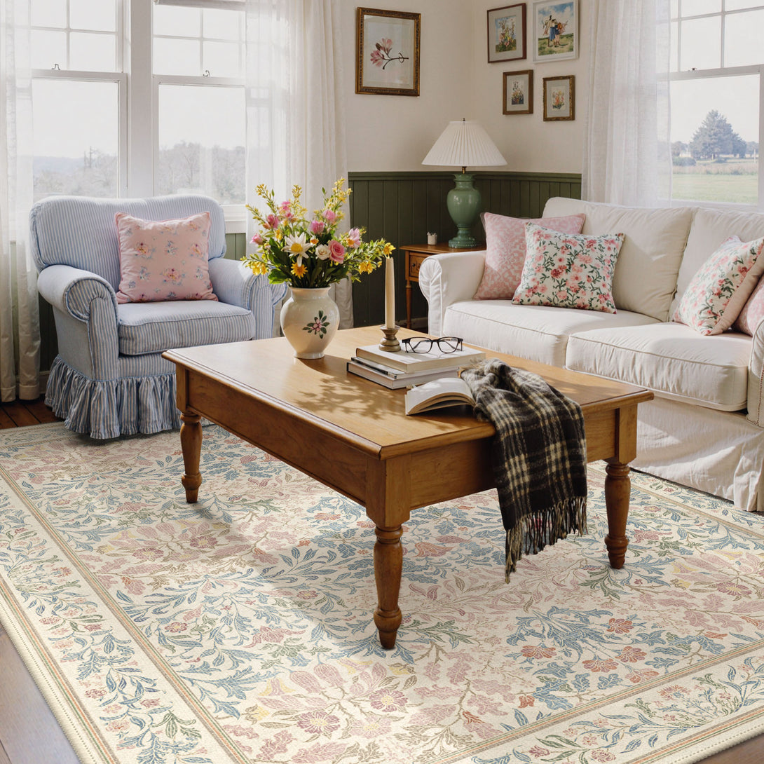 2nd Rug Runa Vintage Floral Washable Rug in Beige | GENIMO