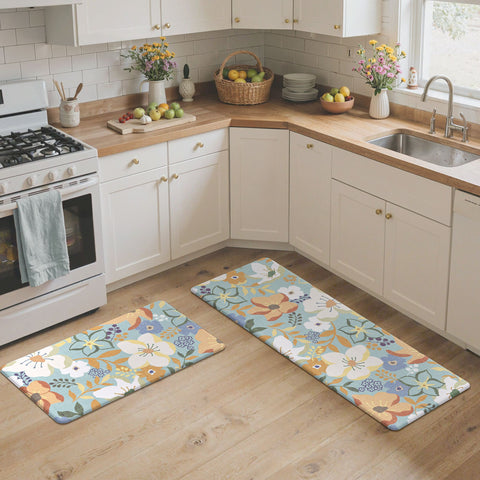 GENIMO 2Pcs Anti Fatigue Padded Kitchen Floor Mat Floral Washable Runner Rug for Sink