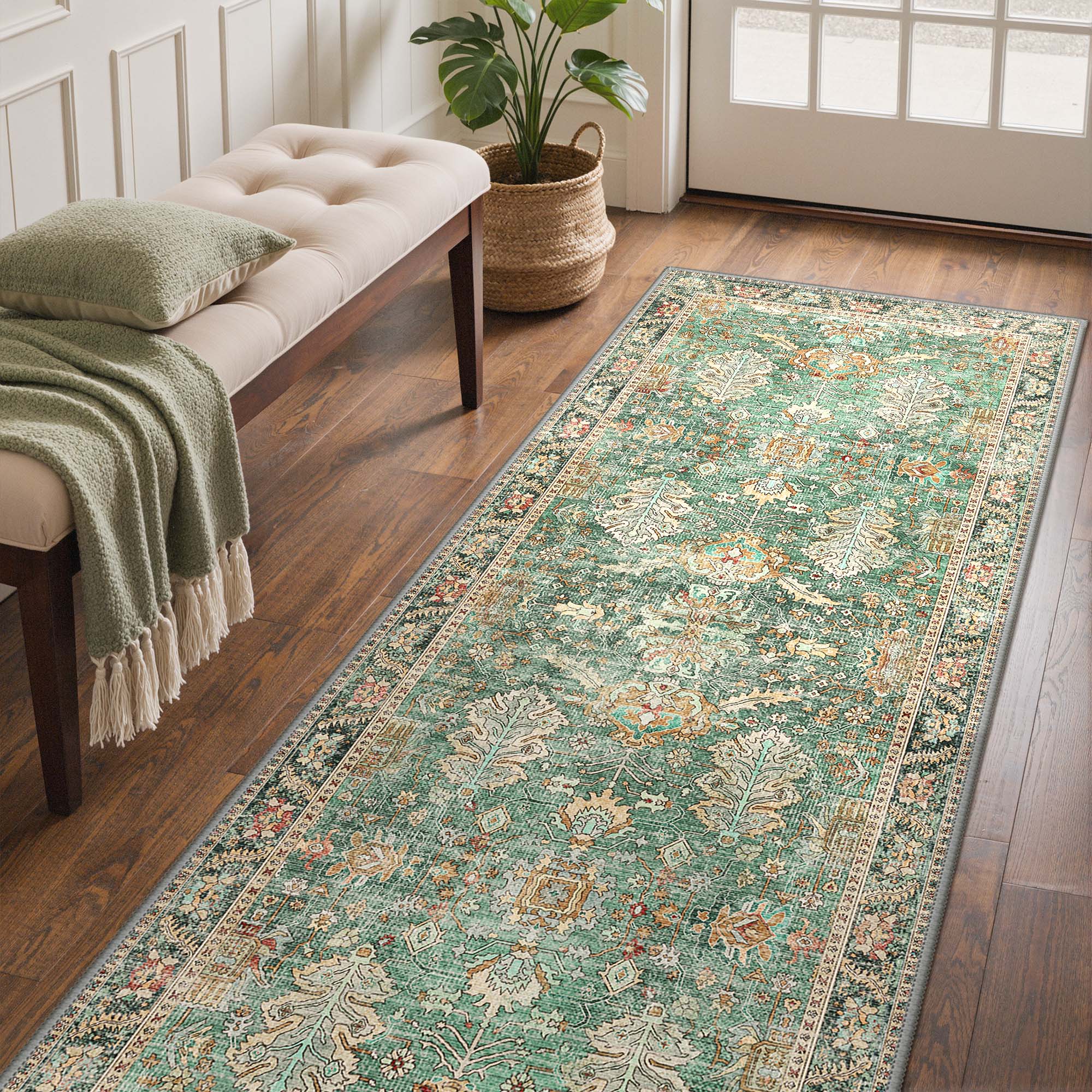 Azmira Vintage Persian Floral Rug in Green | GENIMO