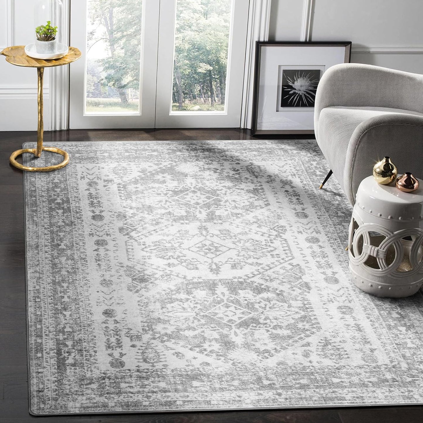GENIMO Area Rug Machine Washable Bedroom Rugs Distressed Vintage Print Gray Large Throw Rug Dining Room Living Room Aesthetic, Non Slip Carpet with Gripper