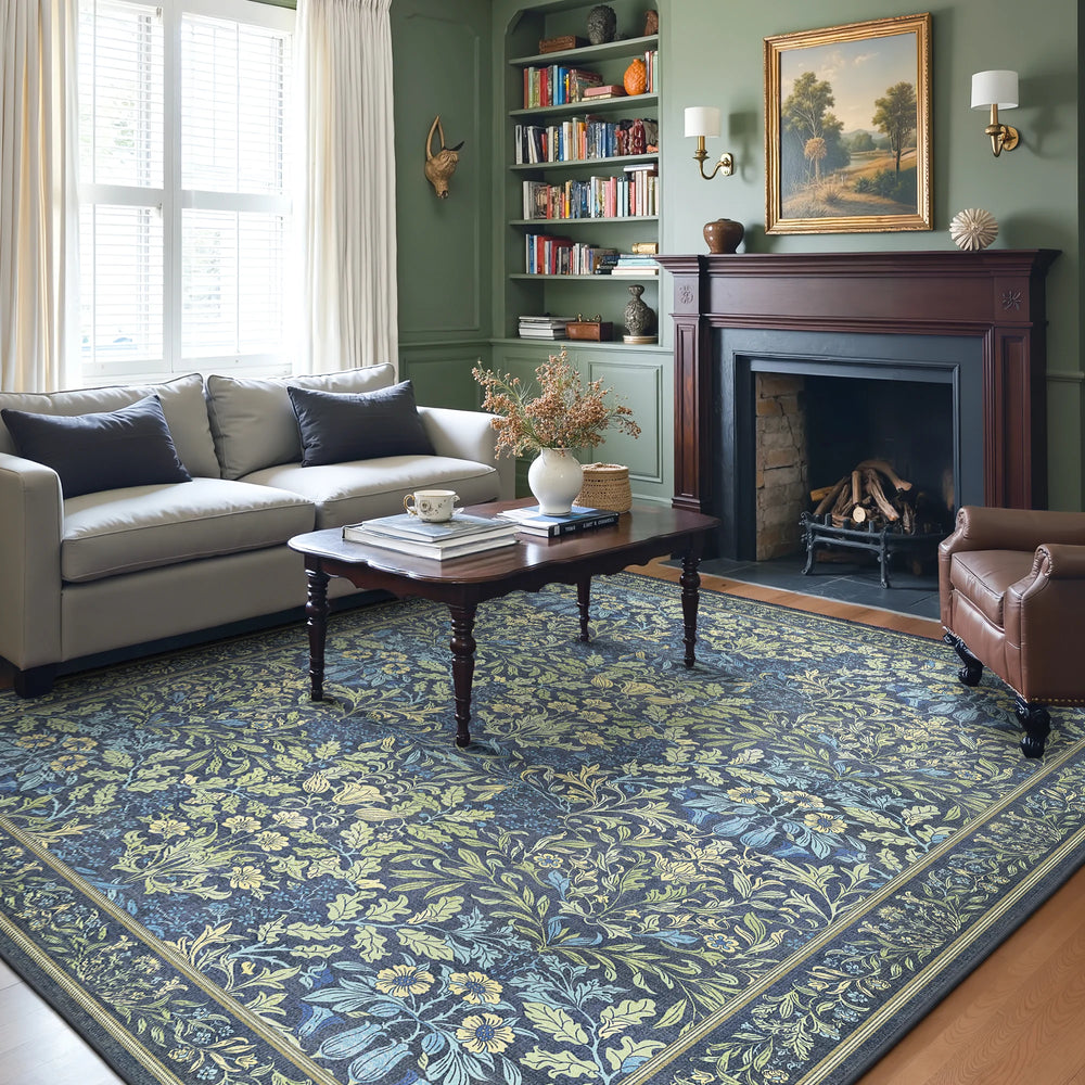 Runa Washable Vintage Floral Print Blue Rugs – GENIMO