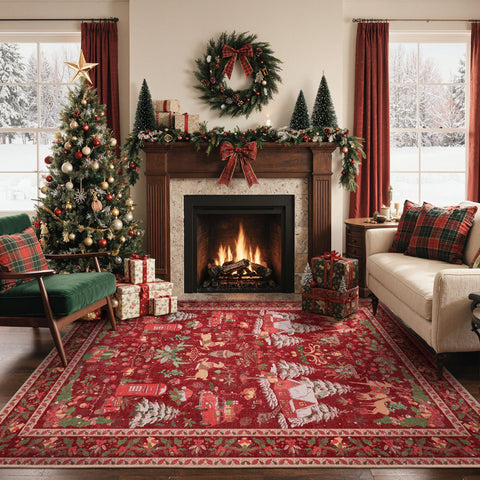 Mirrel Christmas Washable Red Rug with Winter Snow House