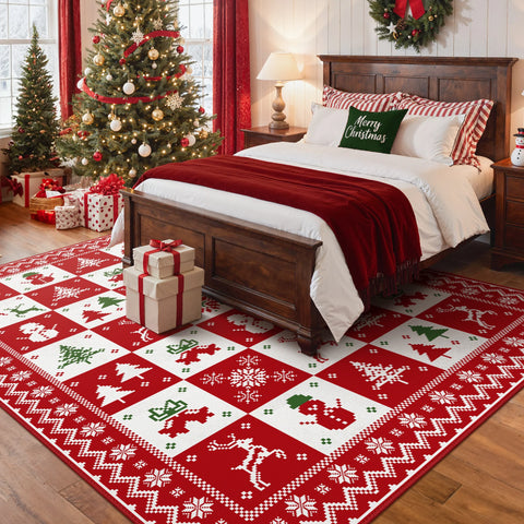 Evral Christmas Washable Wreath Tree Plaid Red Belgian Velvet Rug