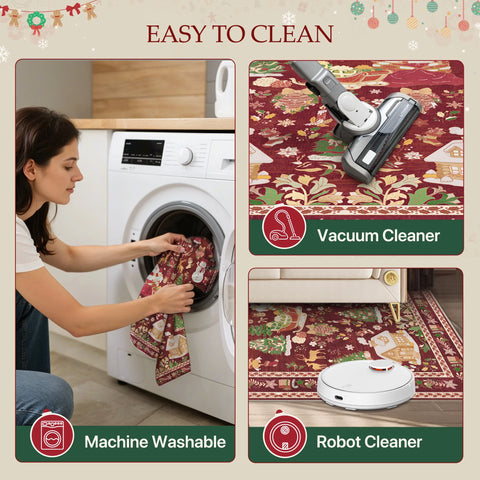 Alaric Christmas Washable Red Rugs with Santa and Pine
