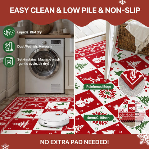 Evral Christmas Washable Wreath Tree Plaid Red Belgian Velvet Rug