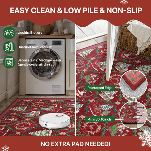 Aurora Christmas Washable Santa Sleigh and Reindeer Belgian Velvet Rug
