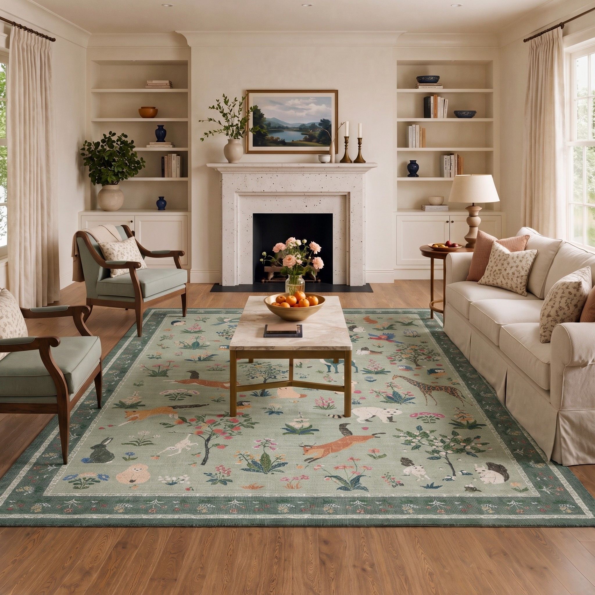 Aven Forest Animal Washable Rug in Sage | GENIMO