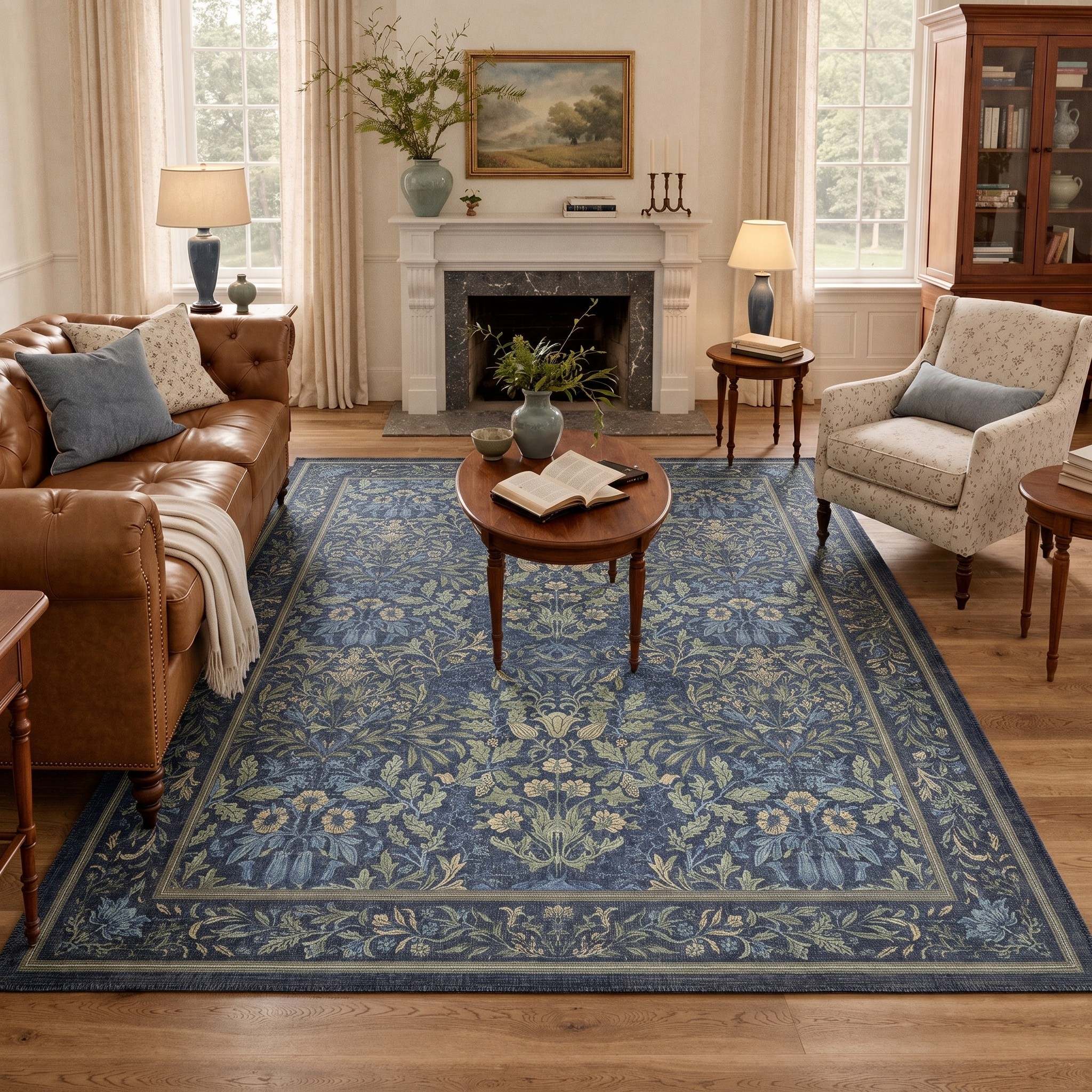 Runa Washable Vintage Floral Print Blue Green Rugs – GENIMO