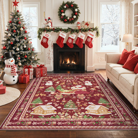 Alaric Christmas Washable Red Rugs with Santa and Pine