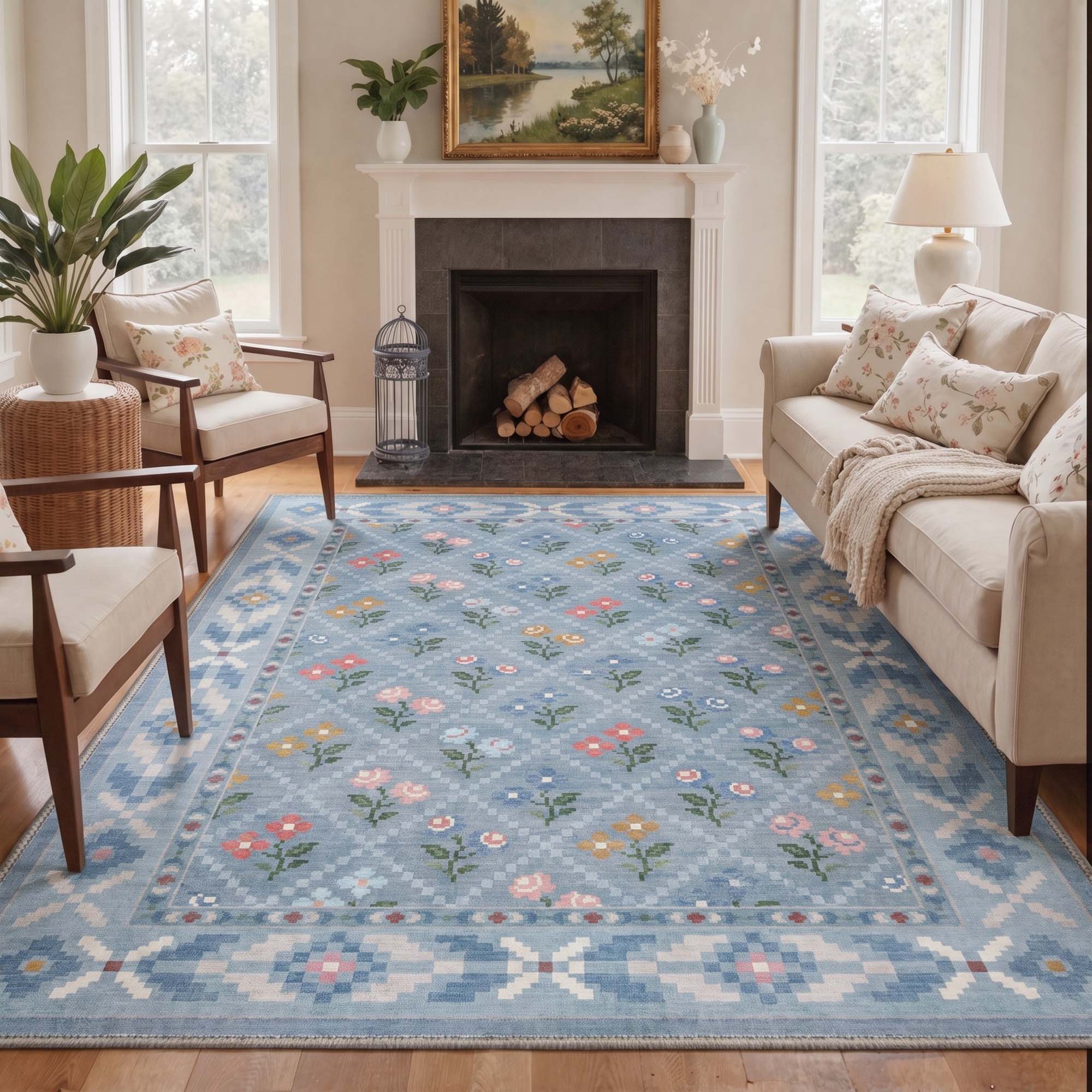 Petalia Floral Mosaic Light Blue Rug - Washable & Non-Slip | GENIMO Petalia Floral Mosaic Light Blue Rug - Washable & Non-Slip | GENIMO