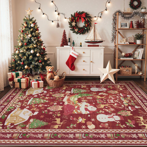 Alaric Christmas Washable Red Rugs with Santa and Pine