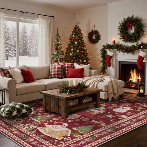 Alaric Christmas Washable Red Rugs with Santa and Pine