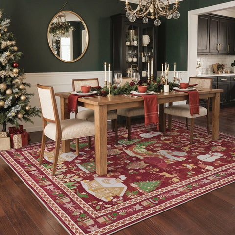 Alaric Christmas Washable Red Rugs with Santa and Pine