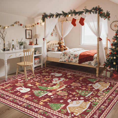 Alaric Christmas Washable Red Rugs with Santa and Pine