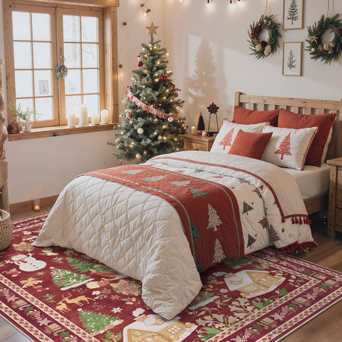 Alaric Christmas Washable Red Rugs with Santa and Pine
