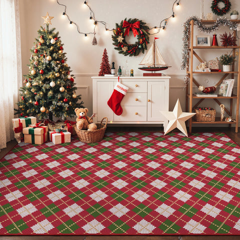 Althea Christmas Checkered Washable Belgian Velvet Rug