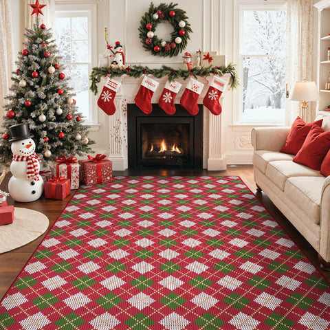 Althea Christmas Checkered Washable Belgian Velvet Rug