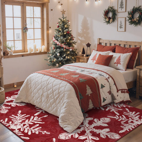 Elaria Christmas Washable Snowflake Red Belgian Velvet Rug