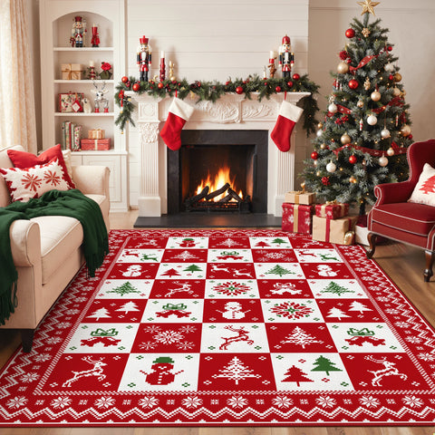 Evral Christmas Washable Wreath Tree Plaid Red Belgian Velvet Rug