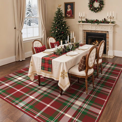 Valence Christmas Washable Classic Checkerboard Belgian Velvet Rug Green and Red