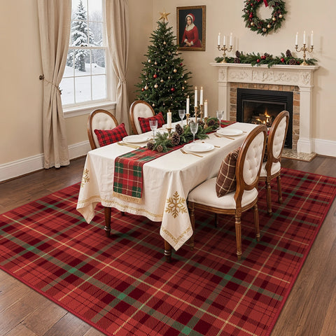 Valence Christmas Washable Classic Checkerboard Belgian Velvet Rug Red