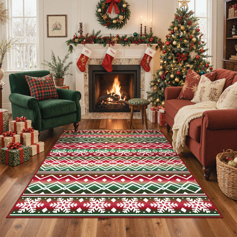 Elowen Christmas Washable Abstract Tree and Bells Green Rug