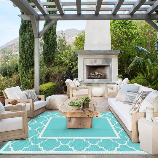 GENIMO Symmetrical Geometric Aesthetic Waterproof Reversible Outdoor Rug Blue