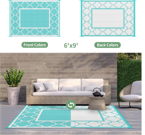 GENIMO Symmetrical Geometric Aesthetic Waterproof Reversible Outdoor Rug Blue