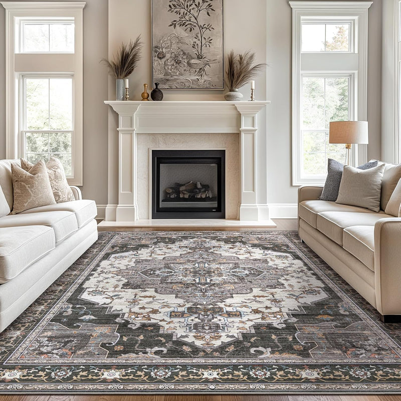 Zareva Washable Traditional Persian Rug displayed on hardwood floor in living room between two cream sofas facing fireplace