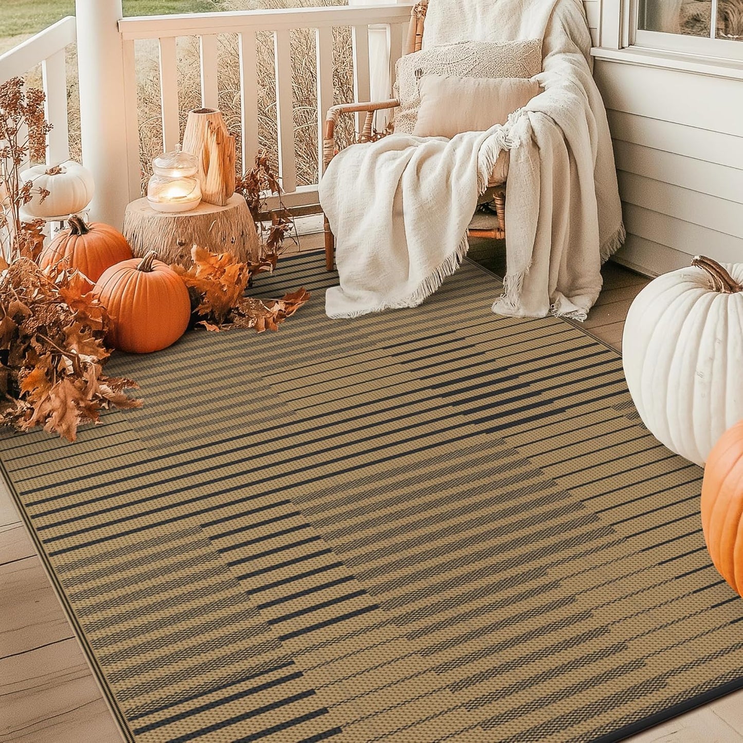 GENIMO Simple Patchwork Stripe Print Double Sided Waterproof Outdoor Rug