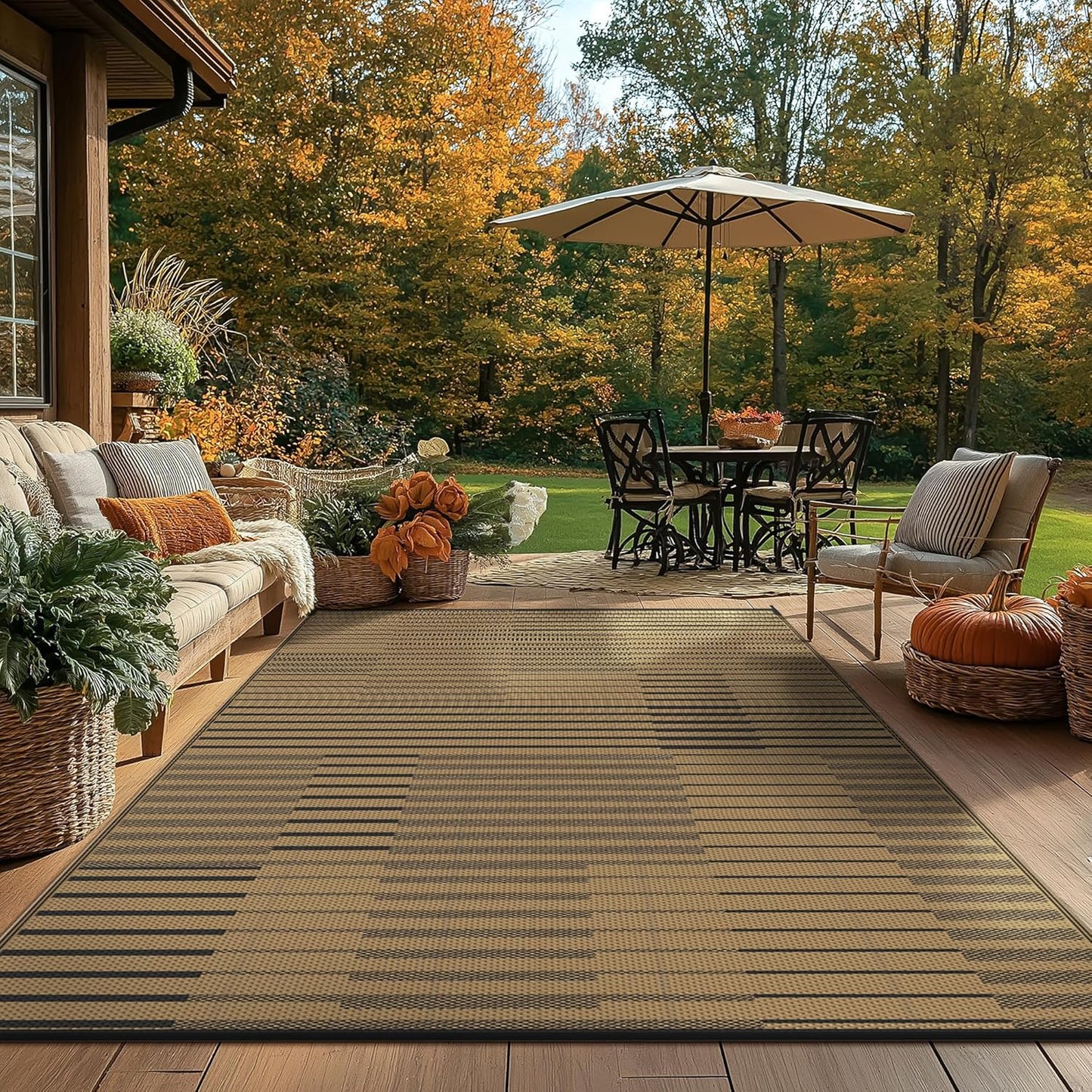 GENIMO Simple Patchwork Stripe Print Double Sided Waterproof Outdoor Rug