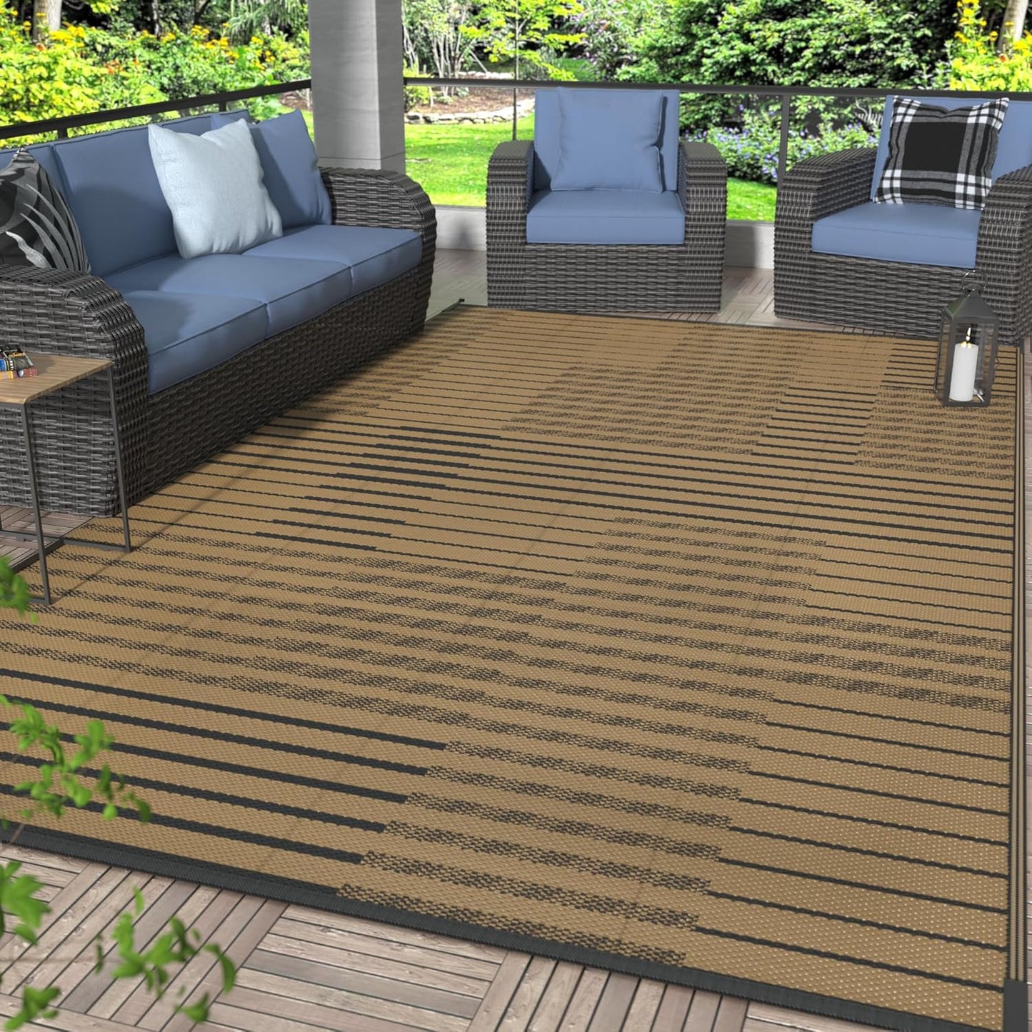 GENIMO Simple Patchwork Stripe Print Double Sided Waterproof Outdoor Rug