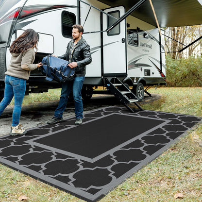 GENIMO Symmetrical Geometric Aesthetic Waterproof Reversible Outdoor Rug Black