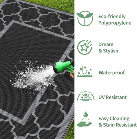 GENIMO Symmetrical Geometric Aesthetic Waterproof Reversible Outdoor Rug Black