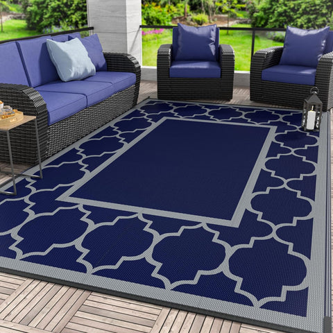 GENIMO Symmetrical Geometric Aesthetic Waterproof Reversible Outdoor Rug Blue