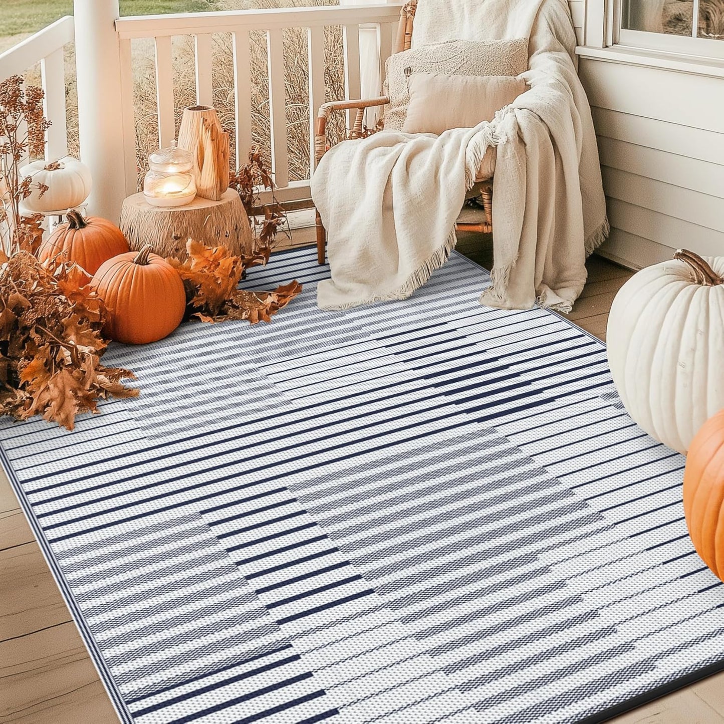 GENIMO Simple Patchwork Stripe Print Double Sided Waterproof Outdoor Rug