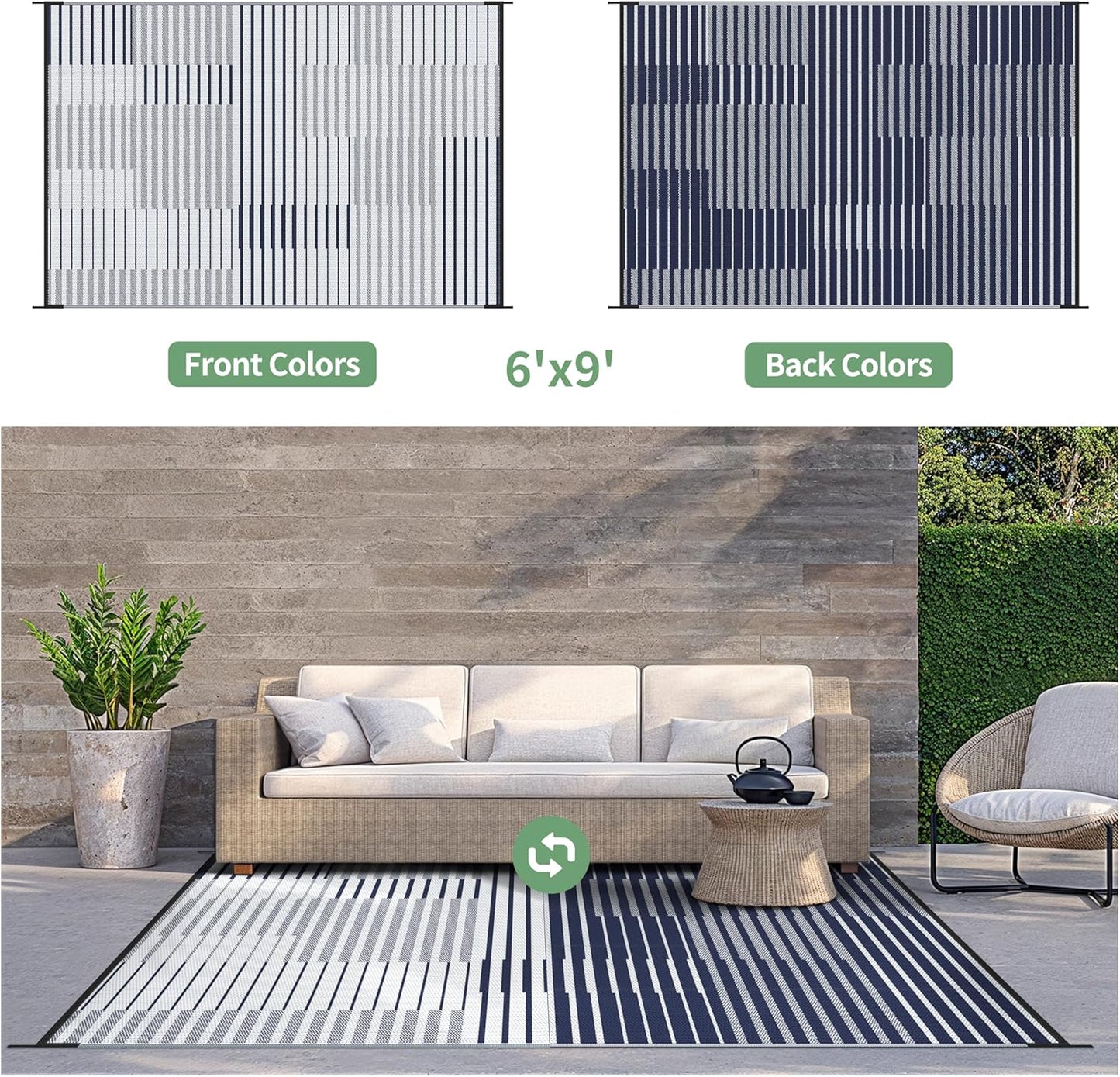 GENIMO Simple Patchwork Stripe Print Double Sided Waterproof Outdoor Rug
